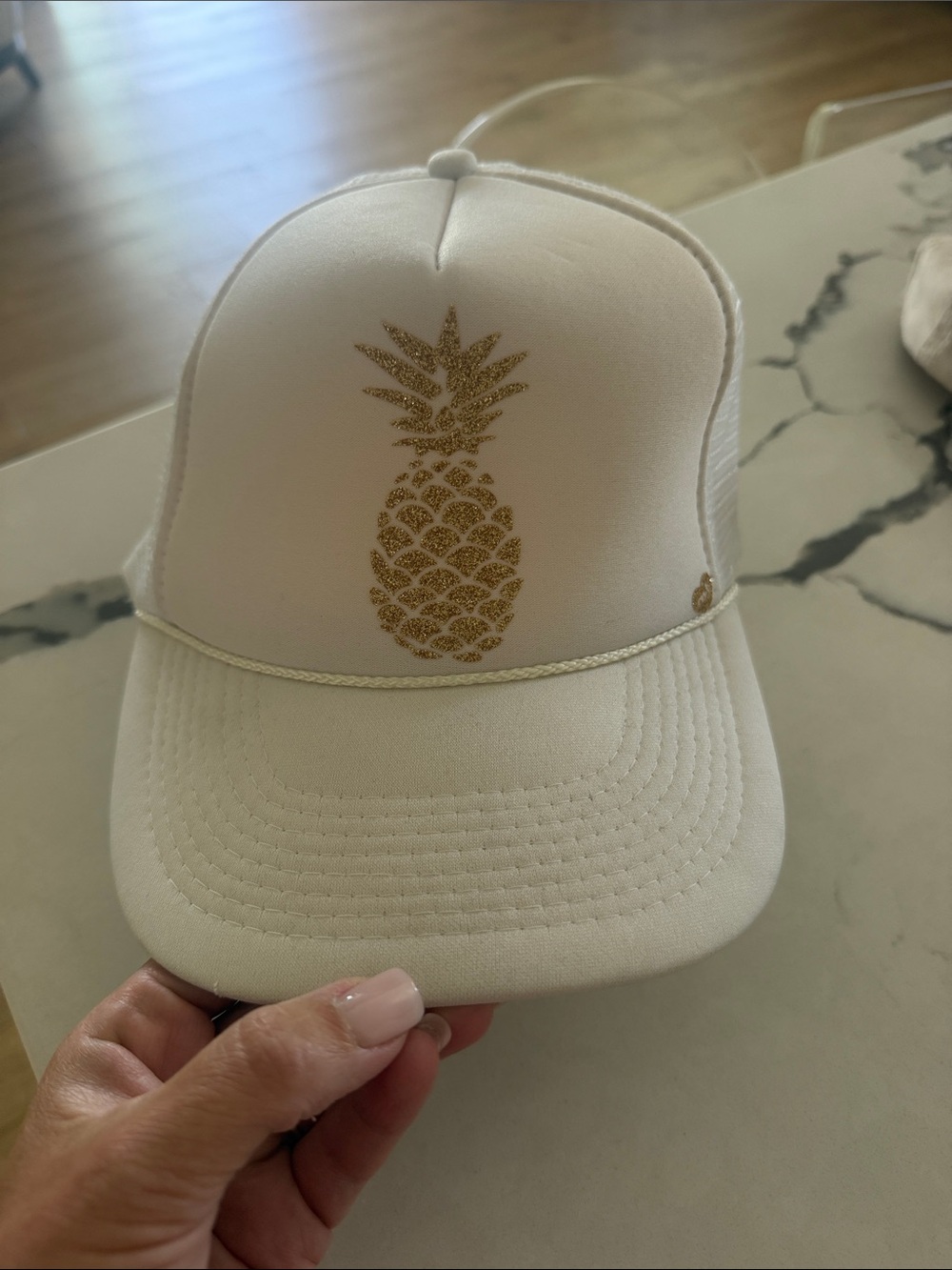 kitson White Trucker Hat with Gold Glitter Pineapple